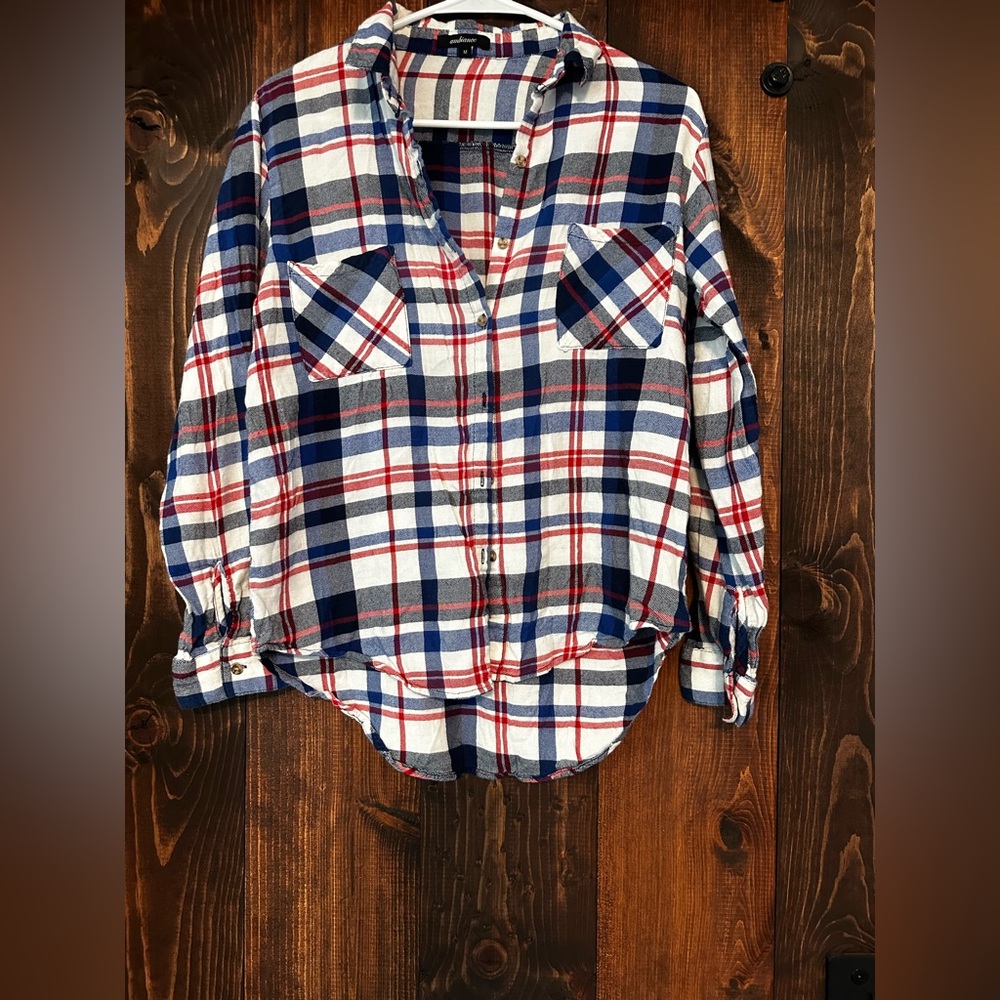 Ambiance Women’s Plaid Button-Up Shirt in Red, Blue, and White
